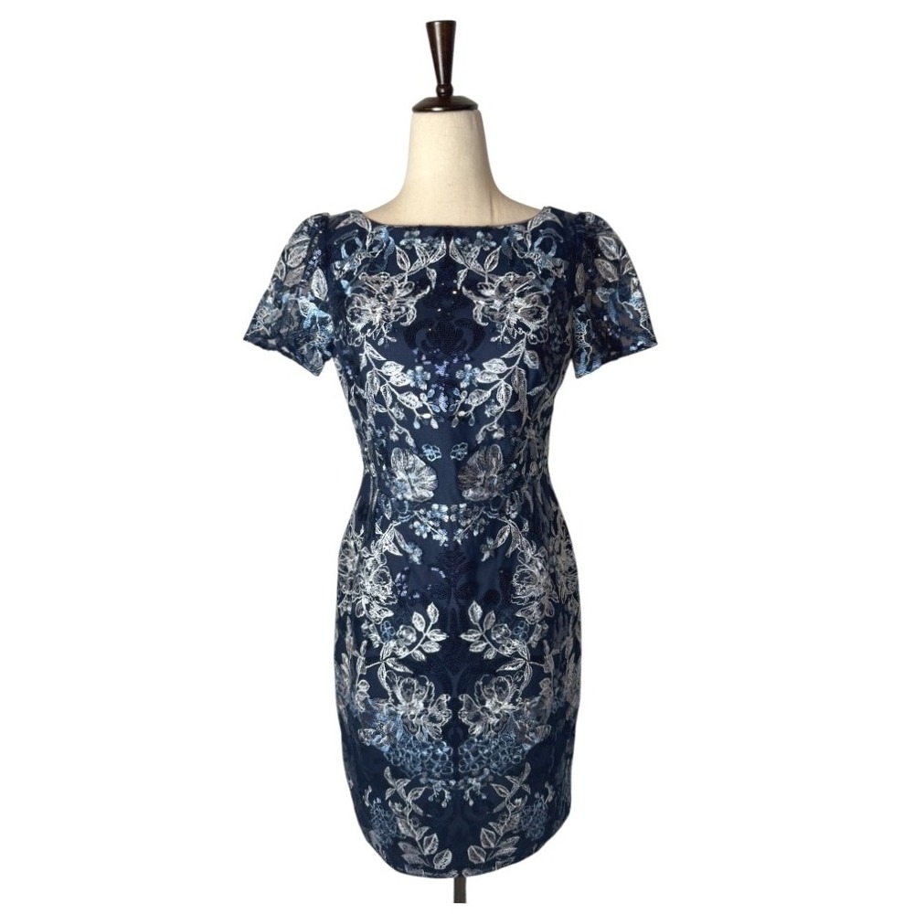 Marchesa Notte Dress Women‎ 4 Blue Silver Embellished Boatneck Cocktail Mini - Picture 2 of 14